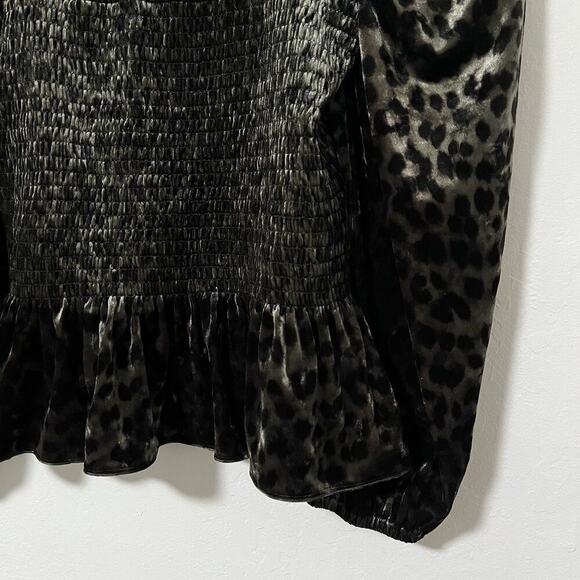 SAYLOR Velvet Animal Print Peplum Square Neck Top Size M Black Fairy Puff Sleeve - Picture 4 of 8